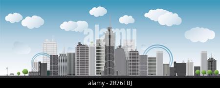 Eine imaginäre große Stadt mit Wolkenkratzern, blauer Himmel, Wolken und Bäume. Vektor-illustration Stock Vektor