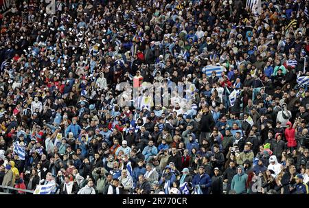 Die Fans Uruguays jubeln ihr Team während des Endes der FIFA U-20 Fußball-Weltmeisterschaft Argentinien 2023 gegen Italien im Stadion Diego Armando Maradona in La Plata, Argentinien, am 11. Juni 2023 an. Stockfoto