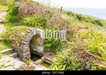 St Non's Well, ein heiliger Brunnen und Schrein, der der Mutter des heiligen Davids gewidmet ist, an der St Non's Bay auf der Halbinsel St. David's in der Pembrokeshire Coast Nati Stockfoto