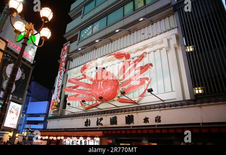 Osaka, Japan - 5 2018. November: Eine große Opilio-Krabbe auf dem Schild des Restaurants in Dotonbori, Osaka. Dotonbori ist eine der berühmten Straßen in Osaka. Stockfoto