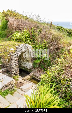 St Non's Well, ein heiliger Brunnen und Schrein, der der Mutter des heiligen Davids gewidmet ist, an der St Non's Bay auf der Halbinsel St. David's in der Pembrokeshire Coast Nati Stockfoto