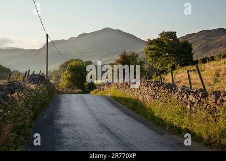 Die Landstraße, die das Tal von Eskdale im englischen Lake District mit Harter hinaufführt, fiel in den Hintergrund Stockfoto