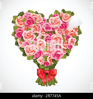 Herzförmige Pose aus zarten rosa Rosen mit roter Schleife Stock Vektor