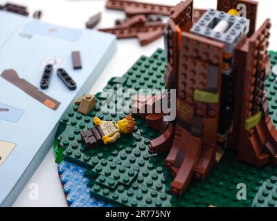 Tambov, Russische Föderation - 21. Juni 2022 Ein Lego-Set mit einem großen Baum, der in der Nähe einer Bedienungsanleitung, einiger Lego-Stücke und einer Minifigure gebaut wird Stockfoto