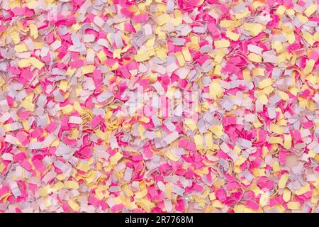 Leuchtend pinkfarbene, gelbe und farbenfrohe Streusel auf pinkfarbenem Hintergrund sorgen für eine feierliche Ankündigung. Stockfoto