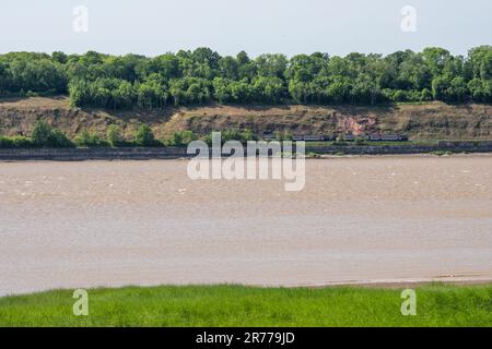 Neben der Severn Estuary verkehrt ein Severn-Personenzug auf der Gloucester-Newport-Linie in der Nähe von Lydney in Gloucestershire. Stockfoto