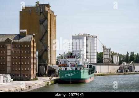 An den Sharpness Docks in Gloucestershire, England, liegt ein Frachtschiff neben Getreidesilos und Lagerhäusern. Stockfoto