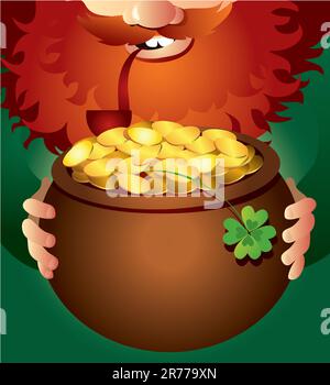 Vektordarstellung eines Leprechauns, der einen Topf Gold hält Stock Vektor