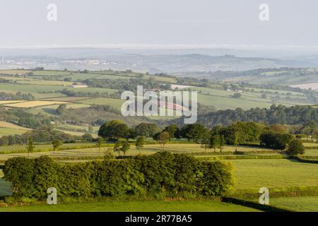 Das Morgenlicht scheint auf den sanften Hügeln von West Devon, mit dem Tamar Valley und Launceston dahinter, aus Sicht von Brent Tor. Stockfoto