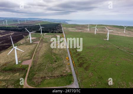 Drohnen-Hügel-Windfarm westlich von St. Abbs, schottische Ostküste, Luftaufnahme, Schottland, Großbritannien Stockfoto