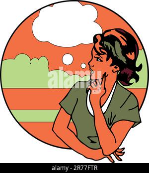 Süßes Retro Gal sieht aus und denkt nach, spricht Popart Clipart Stock Vektor