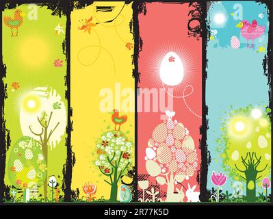 Farbenfrohe, moderne Grunge-Osterbanner mit Blumenelementen wie Bäumen, Pflanzen und Blumen zur Feier des Frühlings, Vögel und Kaninchen (Häschen), Osten... Stock Vektor