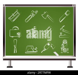 Mit Kreide holzverarbeitende Industrie und Werkzeuge für die Holzbearbeitung Symbole gemalt - Vektor Icon Set Stock Vektor