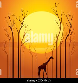 Die Bäume wurden getrocknet, ein Überlebender ging durch die ruhige Sonnenuntergangsszene. Symbolisiert die globale Erwärmung. Stock Vektor