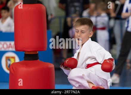 ODESSA, UKRAINE - 3. JUNI 22023: Teilnehmer am Karate-Wettbewerb unter Kindern. Viele Kinder nehmen an einem Kampfsportturnier für First tim Teil Stockfoto