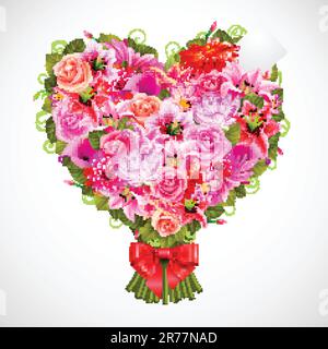 Herzförmige Pose aus zarten rosa Rosen mit roter Schleife Stock Vektor