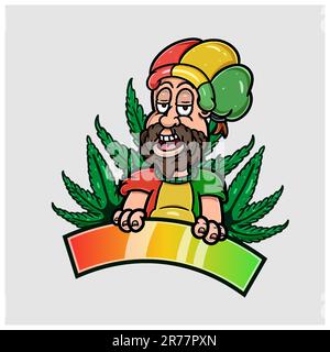 Cartoon-Maskottchen mit Bartjunge im Reggae-Stil und Cannabisblatt. Stock Vektor