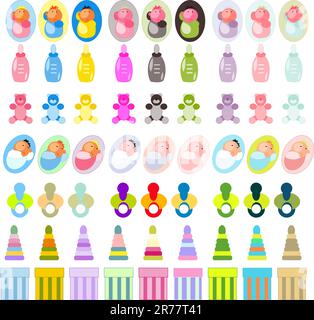 Vector Kinder & Baby Accessoires Anhänger, Aufkleber, Banner Set. Glückliches Baby in der Familie, Ladenetikett, Posterelement Stock Vektor