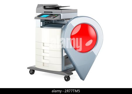 Multifunktionsdrucker für Büros mit Kartenzeiger, 3D-Rendering isoliert auf weißem Hintergrund Stockfoto