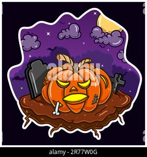 Cartoon-Maskottchen von Halloween-Pumkin in der Friedhofnacht. Vektor und Illustration. Stock Vektor