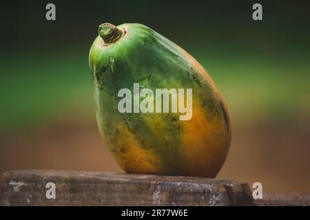 Reife gelbgrüne Papaya auf einem Holzständer Stockfoto