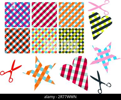 Vektor-Kreuzgewebe-Gingham-Fliesen. Schere mit Serviettenmuster, Herz- und Sternlabel, Anhänger, Papier Stock Vektor