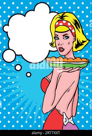 Dame mit Kuchen im Retro-Popart-Stil, wirbt für einen echten süßen Kuchen! Stock Vektor