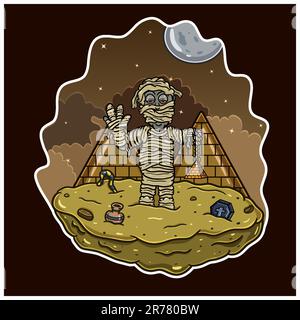 Cartoon-Maskottchen von Halloween-Mumie in Pyramidennacht. Vektor und Illustration. Stock Vektor