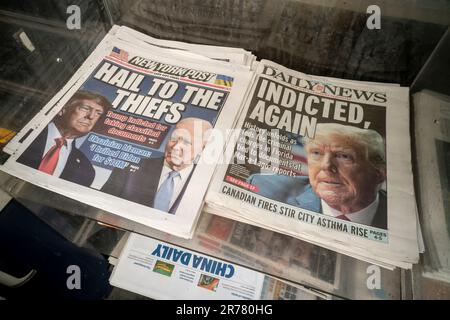 Titelseiten der New York Post und der Daily News, wobei die Post ihre eigene Rolle spielt, am Freitag, den 9. Juni 2023 Bericht über die Vortage Anklage gegen den ehemaligen Präsidenten Donald Trump wegen sieben strafrechtlichen Anschuldigungen wegen des Missbrauchs von geheimen Dokumenten, die in seinem Mar-a-Lago-Resort entdeckt wurden. (© Richard B. Levine) Stockfoto