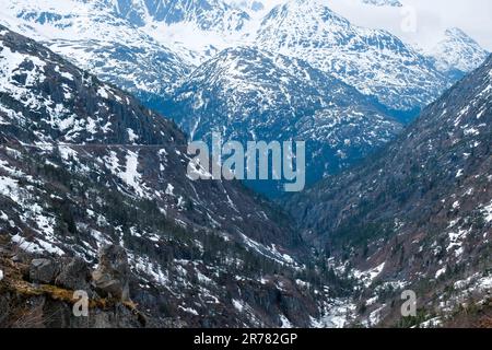 Die schneebedeckten Berge überragen das Tal mit den Yukon Route Railroad-Schienen in der Ferne und dem wolkigen Himmel Stockfoto