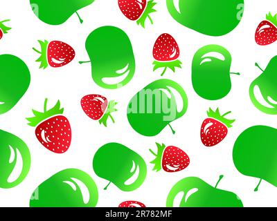 Nahtloses Muster mit Äpfeln und Erdbeeren im 3D-Stil. Sommerfruchtmischung mit Erdbeeren und Apfel isoliert auf weißem Hintergrund. Design für Druck, Stock Vektor