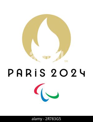 Kiew, Ukraine - 07. Juni 2023: Offizielles Logo der Paralympischen Spiele 2024 in Paris, Frankreich. Formelles Symbol der Paralympischen Sommerspiele - goldenes Feuer. Ve Stock Vektor