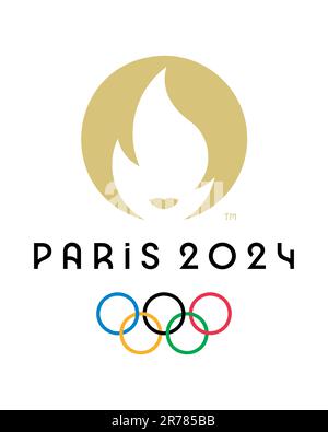 Kiew, Ukraine - 07. Juni 2023: Offizielles Logo der Olympischen Spiele 2024 in Paris, Frankreich. Formelles Symbol der Olympischen Sommerspiele - Ringe mit goldenem Feuer. V Stock Vektor