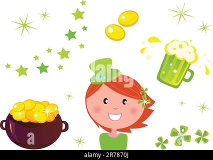 Symbolsatz von St. Patrick's Day Designelemente - Kessel mit Münzen, vierblättrigem Klee, grünem Bier und Leprechaun. Stock Vektor