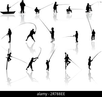 Set mit Fisherman-Vektorsilhouetten, schwarz auf weiß Stock Vektor