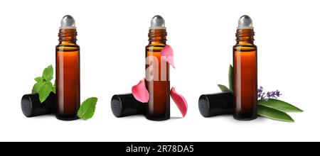 Set verschiedener ätherischer Öle in Flaschen und Zutaten auf weißem Hintergrund Stockfoto