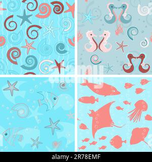 Bunte Sammlung von Sea Life nahtlose Muster Stock Vektor