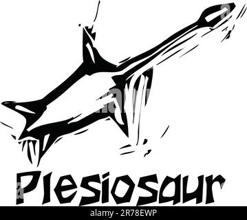 Einfache grobe Holzschnitt Stil Darstellungen von einem Plesiosaurus-Dinosaurier Stock Vektor