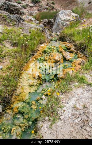 Hot Creek Geological Site ist die Heimat von heißen Quellen in der Nähe der Stadt Mammoth Lakes, Mono County, CA. Stockfoto