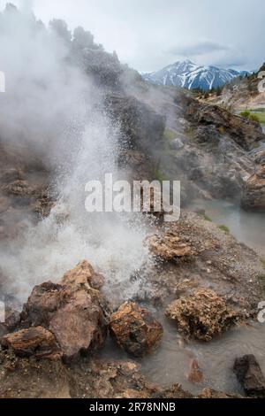 Hot Creek Geological Site ist die Heimat von heißen Quellen in der Nähe der Stadt Mammoth Lakes, Mono County, CA. Stockfoto