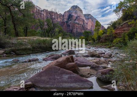 Landschaft des Virgin River, der durch das Tal des Zion-Nationalparks fließt. Stockfoto