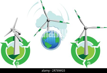 Ikonen von Windmühlen für umweltfreundliche Energie und zum Umweltschutz Stock Vektor