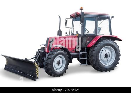 Moderner Radtraktor mit Schar isoliert auf weißem Hintergrund Stockfoto