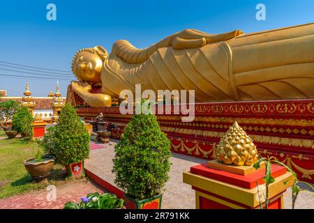 Gold Liegende schlafende Buddha Statue in Wat That Luang Neua, einer von vier Tempeln rund um Wat Pha That Luang, Vientiane, Laos Stockfoto