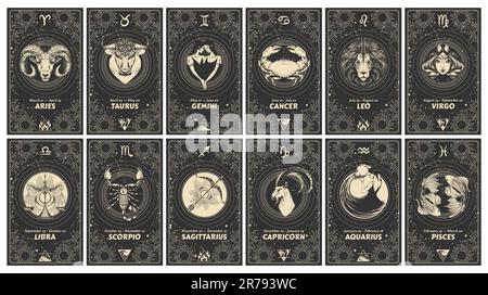 Set mit 12 Astrologie-Karten mit Zodiakzeichen, Horoskop, Tarot, Wahrsagerin. Vintage-Gravur, mystische Illustration auf schwarzem Hintergrund, Umriss Stockfoto