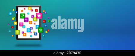 Fliegende Symbole um einen Tablet-PC herum. Cloud-Computing-Konzept. 3D-Abbildung isoliert auf blauem Hintergrund. Stockfoto