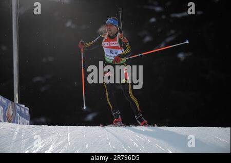 Michael GREIS Aktion Biathlon, 4x 7, 5 KM Staffel der Männer 17,1.2010. Stockfoto