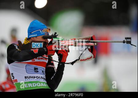 Michael GREIS Aktion Biathlon, 4x 7, 5 KM Staffel der Männer 17,1.2010. Stockfoto