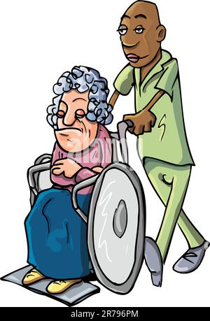 Cartoon eines schwarzen Pflegers, der eine alte Dame im Rollstuhl schubst Stock Vektor