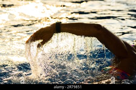 Hannover, Deutschland. 14. Juni 2023. Eine frühmorgendliche Schwimmerin schwimmt im Licht der aufgehenden Sonne am Annabad Outdoor Pool. Kredit: Julian Stratenschulte/dpa/Alamy Live News Stockfoto